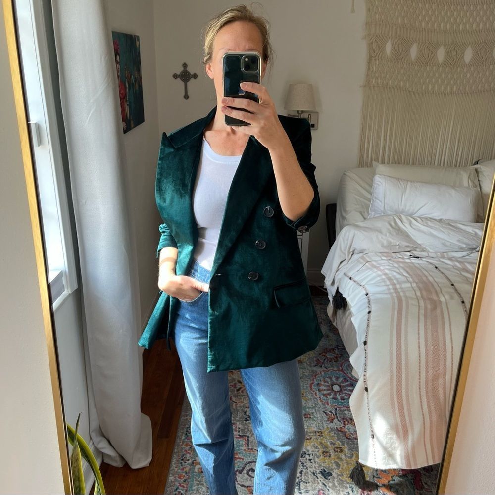 Free People Ashby Double Breasted Velvet Blazer Green Size Medium - Picture 10 of 10